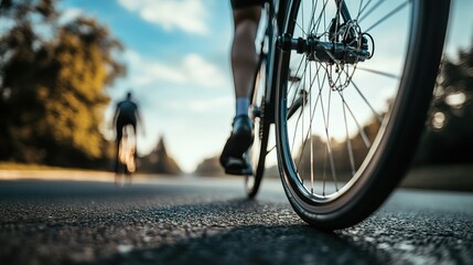 Sleek road bike tire on smooth asphalt, blurred cyclist in background, embodying speed and efficiency.