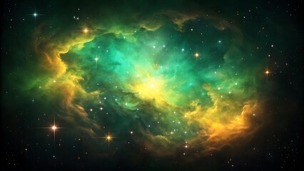 Naklejka premium Vibrant emerald and gold nebula swirls with twinkling stars in deep space cosmos