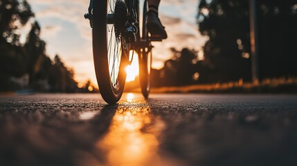Sleek road bike tire on smooth asphalt, blurred cyclist in background, embodying speed and efficiency.