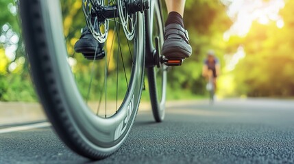 Sleek road bike tire on smooth asphalt, blurred cyclist in background, embodying speed and efficiency.