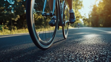 Sleek road bike tire on smooth asphalt, blurred cyclist in background, embodying speed and efficiency.