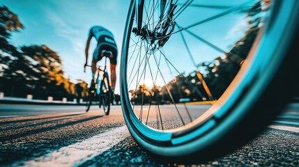 Sleek road bike tire on smooth asphalt, blurred cyclist in background, embodying speed and efficiency.