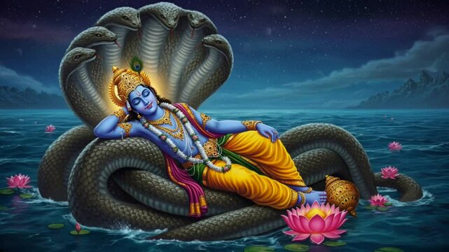 Lord Vishnu Resting on Ananta Shesha – Spiritual Animation