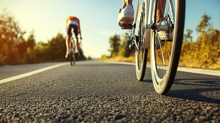 Sleek road bike tire on smooth asphalt, blurred cyclist in background, embodying speed and efficiency.