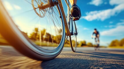Sleek road bike tire on smooth asphalt, blurred cyclist in background, embodying speed and efficiency.