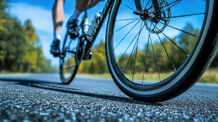 Sleek road bike tire on smooth asphalt, blurred cyclist in background, embodying speed and efficiency.