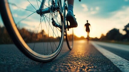 Sleek road bike tire on smooth asphalt, blurred cyclist in background, embodying speed and efficiency.