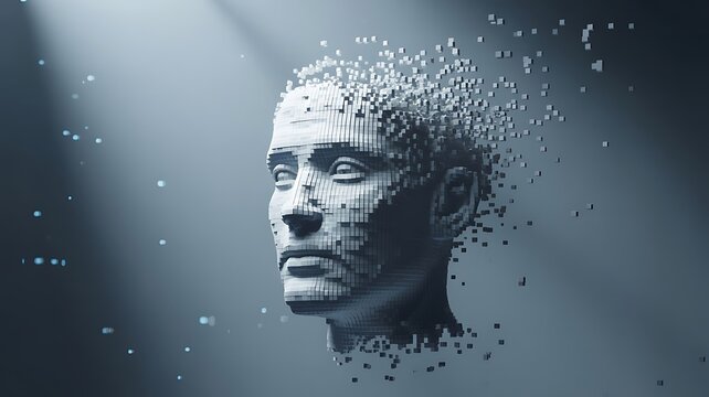 Pixelated human head dissolving into cubes digital art - Powered by Adobe