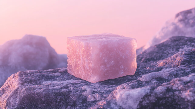 Fresh pink salt crystals and natural lavender are isolated as mineral objects on white and blue backgrounds with fresh food and green tea