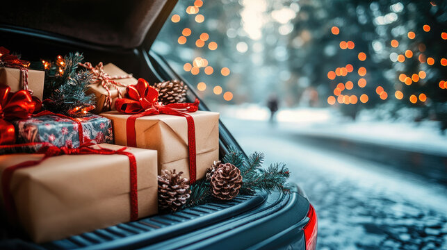 Christmas gifts in a car trunk with festive decorations and a blurred winter background creating a joyful holiday atmosphere and celebration concept