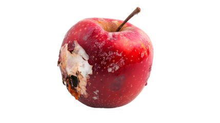 Rotten red apple with mold decay isolated on black background
