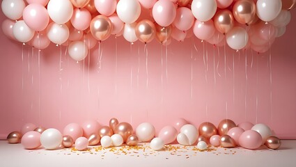Pink and rose gold balloons scattered on floor with streamers white party