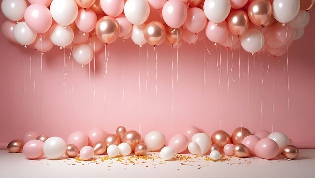 Pink and rose gold balloons scattered on floor with streamers white party