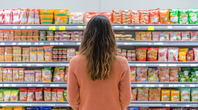 Woman browsing snack aisle in grocery store. Shelves stocked with various packaged foods. Consumer choosing groceries in supermarket.