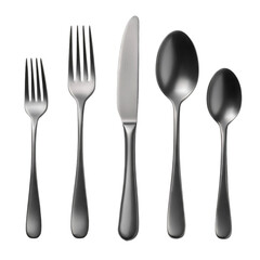 Dark gray cutlery set arranged in parallel. Isolated white background. Png format