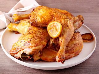 Roast lemon chicken legs served