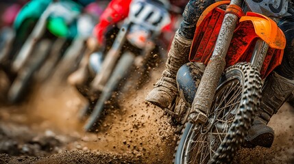 Obraz premium Motorcycle Race in Mud: A dynamic view of a motocross race in progress, showcasing the intense competition as riders navigate a muddy track, kicking up a spray of dirt.