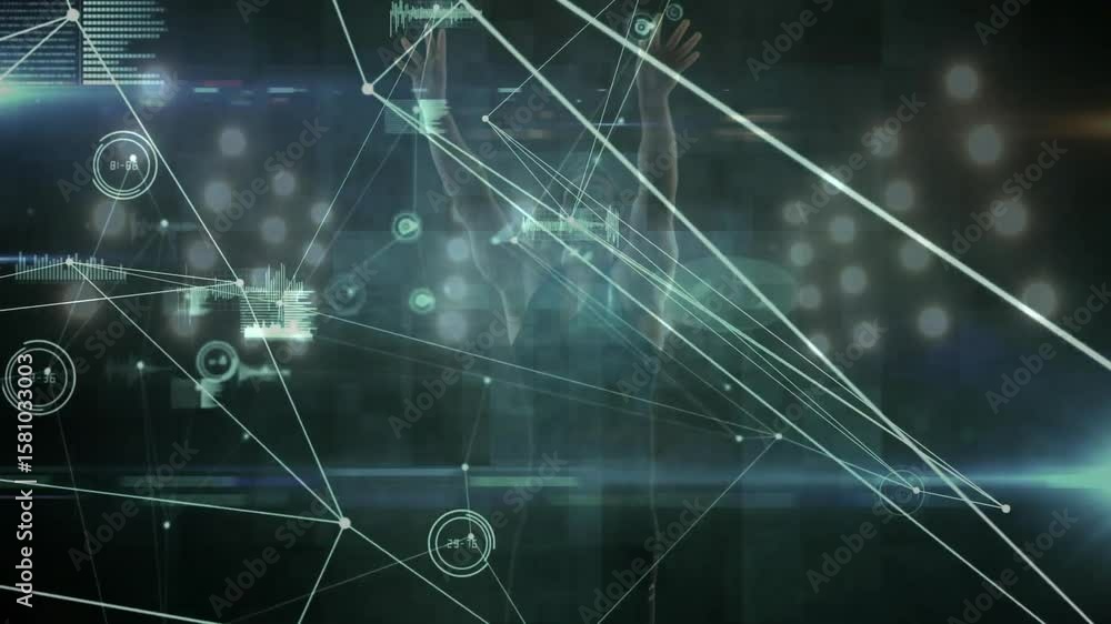 Aufkleber after network fading in, male lifting arms in tech simulation, activating nodes for network control