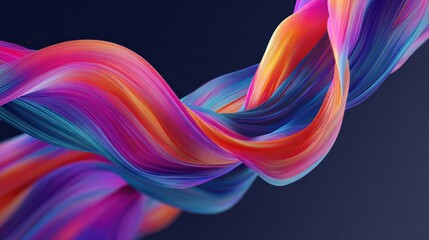 Vibrant, swirling ribbons of multicolored abstract lines form a dynamic, flowing wave against a dark background