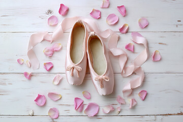A pair of pink leather ballet slippers and stylish bridal shoes rest on an old wooden floor, blending child fashion with elegant woman footwear for a wedding