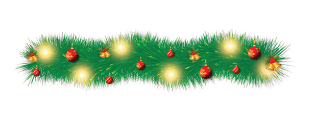 Green Christmas garland with festive decorations, including red baubles, golden bells, and glowing lights. 
