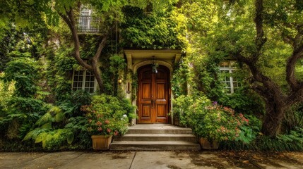 Fototapeta premium Enchanted House Entrance: A Verdant Oasis