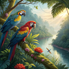 Two colorful macaws perched on a mossy branch overlooking a serene jungle river at sunrise