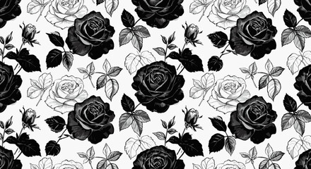 Black and white floral pattern featuring roses and leaves  