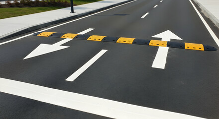 Asphalt Road with Speed Bump and Directional Arrows for Traffic Control and Safety