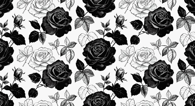 Black and white floral pattern featuring roses and leaves  