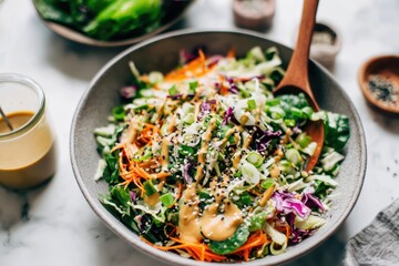 Fresh colorful salad with shredded vegetables, sesame seeds, and creamy dressing served in a bowl with a wooden spoon on a marble table