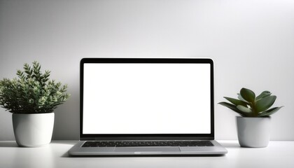 front view of the laptop with mockup blank screen on the desk copy space minimal monochrome banner small plant in a pot