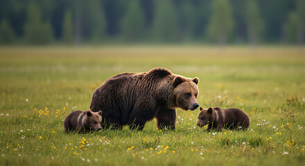 Brown Bear with Two Cubs in Meadow.