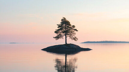 A serene nature landscape featuring a lone pine tree silhouette reflecting in the calm river water during a vibrant golden sunset on the lake under a dusk sky