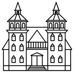 Detailed architectural drawing of a symmetrical building with towers silhouette isolated on white background