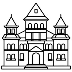 Stylized gothic mansion outline silhouette isolated on white background