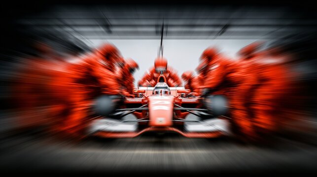 Race Car Pit Stop: High-speed pit crew swarms around a Formula 1 race car in a blur of motion, epitomizing precision and teamwork. The race car is the central focus.