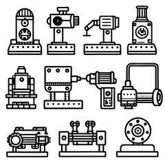 Collection of industrial machinery and equipment silhouettes isolated on white background