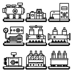 Collection of industrial machinery and equipment silhouettes isolated on white background