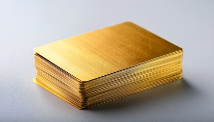 stack of golden blank business cards on light background