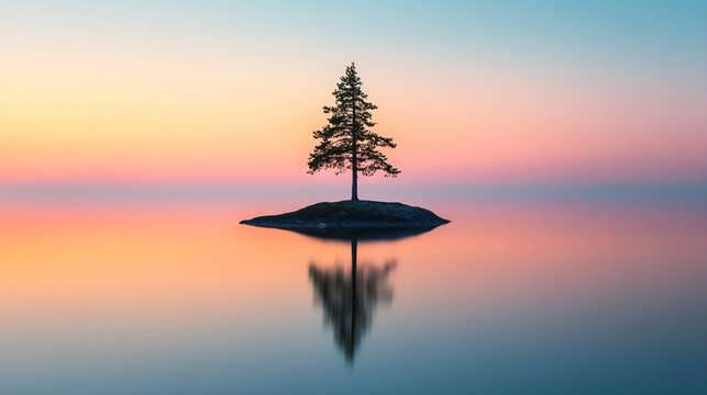 A beautiful sunset reflects orange clouds and silhouettes of pine trees over a calm lake and river landscape at dusk - Powered by Adobe