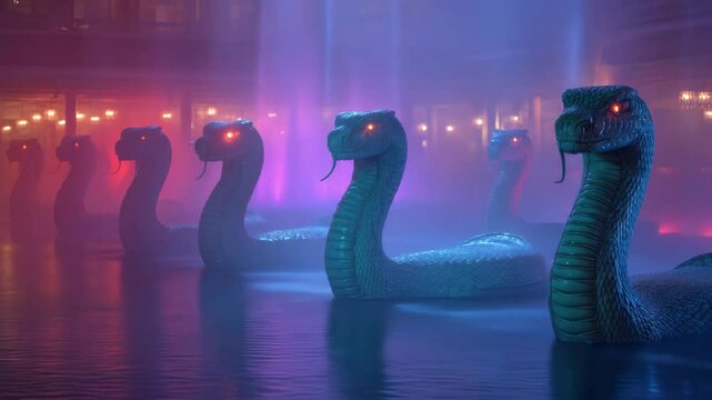 Row of illuminated snake sculptures reflected in water at night