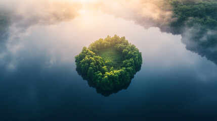 A misty morning over the river landscape captures the blue sky and sun light reflecting on water through a fantasy environment of green trees and summer clouds