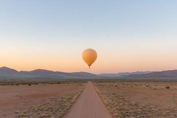 Hot air balloon over a scenic desert landscape at dusk, featuring a dirt road stretching towards distant mountains under a pastel-colored sky. Serene travel scene.