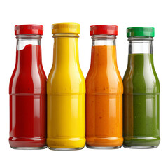 Vibrant Variety of Sauces in Bottles with Red, Yellow, Orange, and Green Colors on Transparent Background