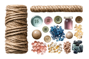 Assorted Craft Supplies Including Rope, Buttons, and Colorful Fabric Scraps for Creative Projects