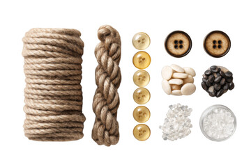 Craft Supplies for DIY Projects with Rope, Buttons, Fabric Scraps, and Beads for Creative Inspiration