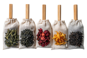 Various Dried Tea Leaves and Herbs in Natural Fabric Bags for Infusion and Brewing