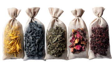 Collection of Dried Tea Leaves and Herbs in Burlap Bags for Natural Infusions and Herbal Blends