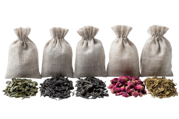 Assorted Dried Herbal Tea Leaves in Burlap Bags with Loose Tea Varieties on Display